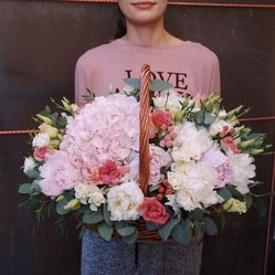 Букет «Корзина с розовой гортензией и пионами» Букет «Корзина с розовой гортензией и пионами»