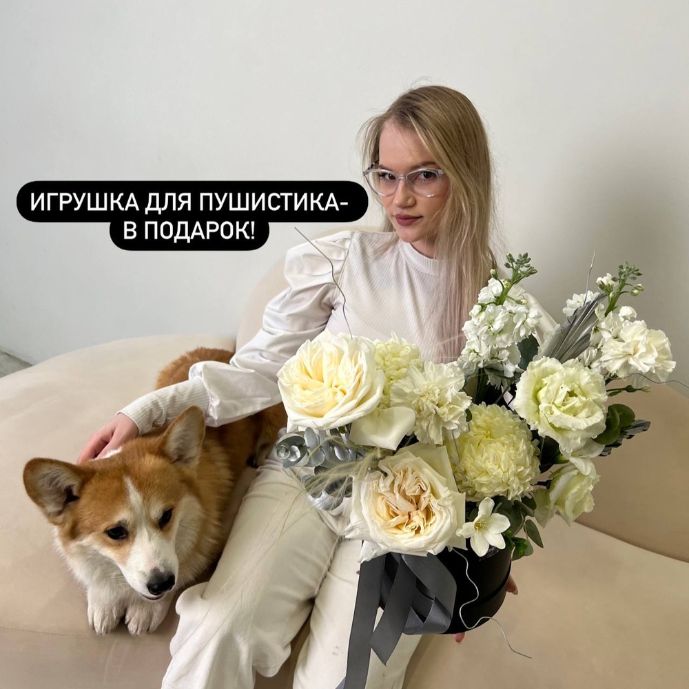 Круэлла оценит: стильная цветочная композиция в коробке+ игрушка для собаки  в подарок! по цене 6226 ₽ - купить в RoseMarkt с доставкой по  Санкт-Петербургу